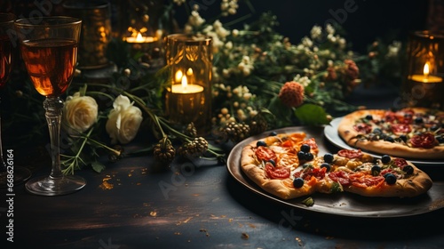 Appetizing pizza and a glass of wine, against the backdrop of fresh greenery. Restaurant serving of a simple flour dish. Delicious fast food. © PRO Neuro architect
