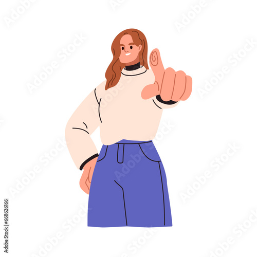 Happy woman pointing at you with finger. Girl gesturing forward, in front of her, choosing something with hand, touching, clicking. Flat graphic vector illustration isolated on white background