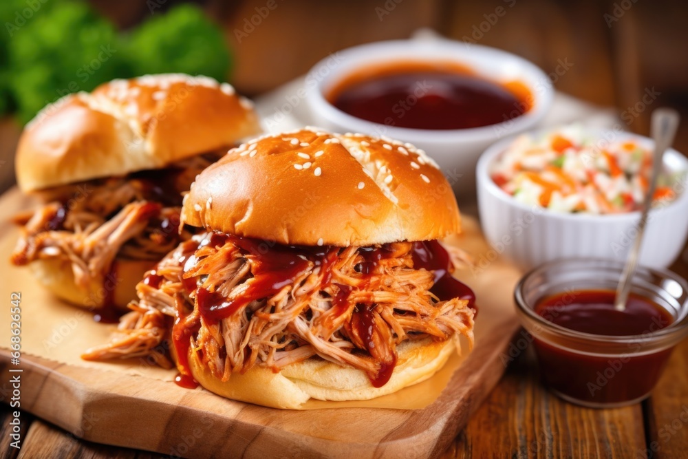 top view of pulled pork on a bun, sauce on side top view of pulled pork on a bun, sauce on side