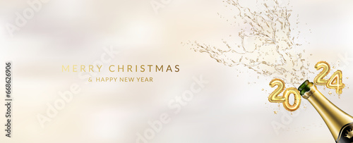 Christmas and New Year 2024 greeting card with bottle of champagne with splash, golden realistic metallic numbers, ribbons, stars and confetti.