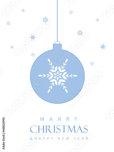 Christmas greeting card  christmas blue ball with white snowflake on white background  merry christmas and happy new year