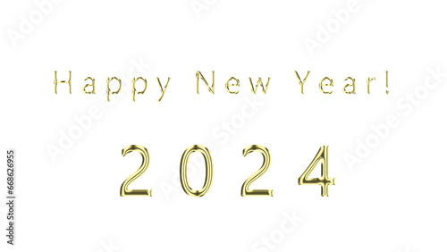 New Year 2024 Text with Alpha Channel. New Year's greetings card with gold text, transparent PNG format.
