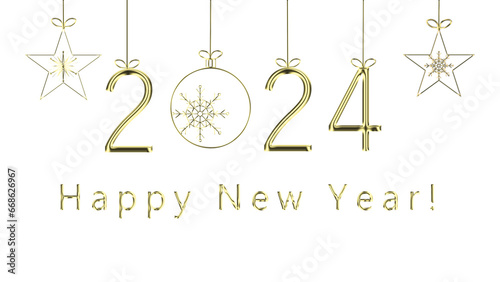 Ornaments and Greetings with Alpha Channel. New Year's greetings card with gold ornaments and text, transparent PNG format.
