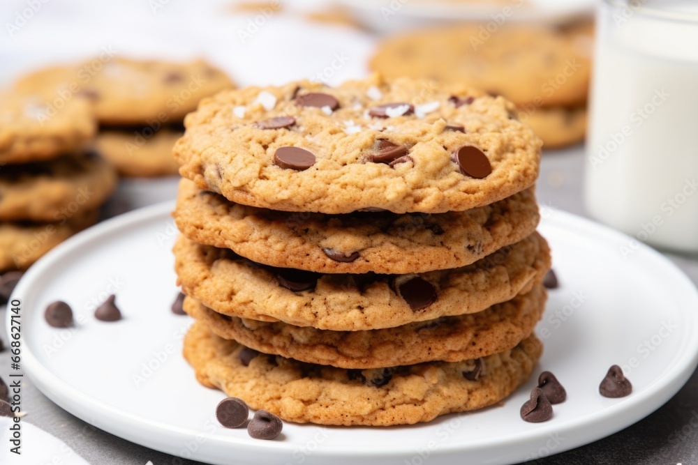 stack of chocolate chip cookies on a white plate stack of chocolate chip cookies on a white plate