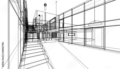 Modern house architecture 3d sketch