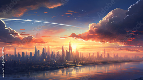 Future city sunrise. Big sky clouds