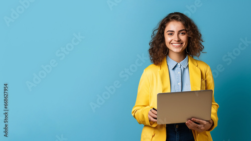 Portrait of a beautiful girl with a laptop on a blue background in a yellow jacket with a smile and dark hair