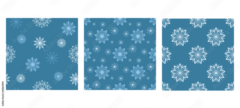 Winter background with snowflakes set. Beautiful snowy seamless pattern. Seasonal print with cold crystals for textile, paper, fabric, packaging and design, vector illustration
