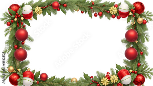 Christmas decorative border, Christmas border with fir branches, red and pinecones and other ornaments with transparent background
