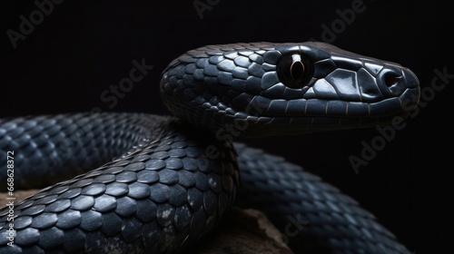 Close up of the head of a black snake. Wildlife concept with a copy space.