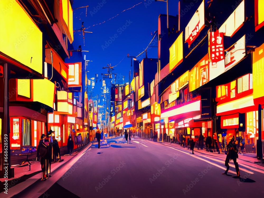 street at night in a city, painting