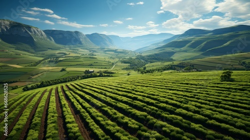 Aerial view of a farm with precision planted. Generative AI.