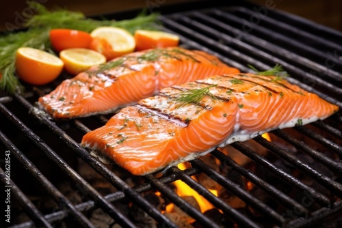fresh salmon fillet on a charcoal grill, ready to serve