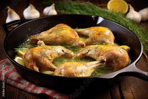 chicken legs browning in a skillet with garlic butter