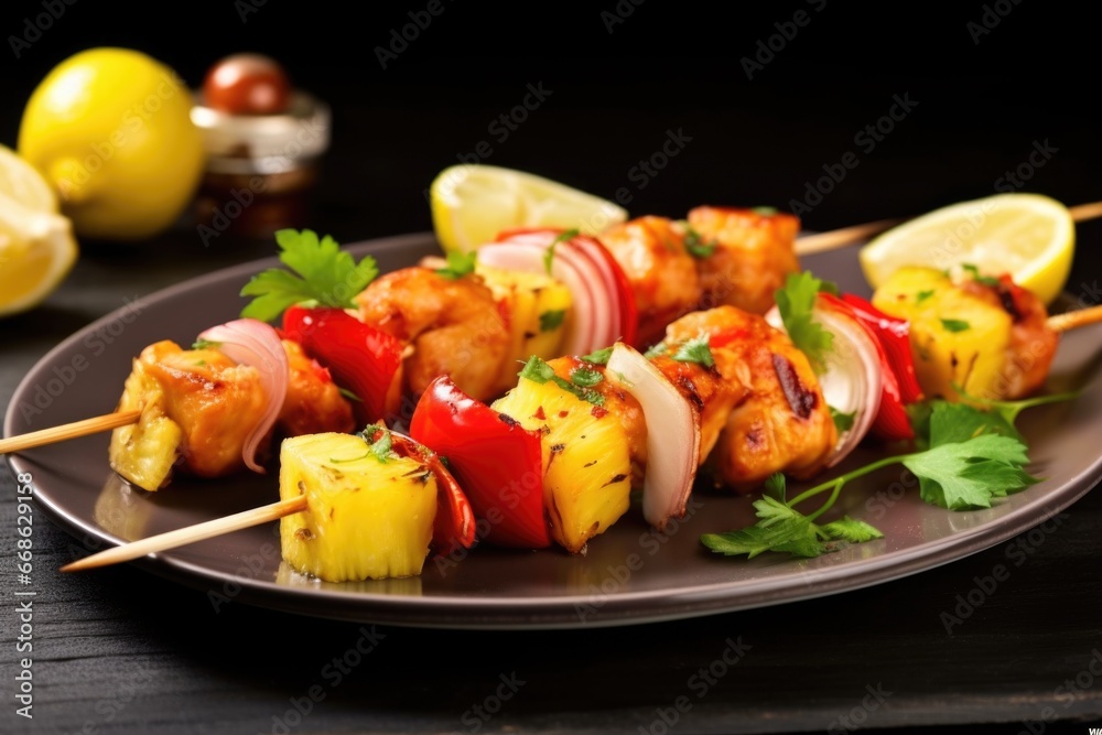 close-up of chicken skewers with pineapple chunks close-up of chicken skewers with pineapple chunks