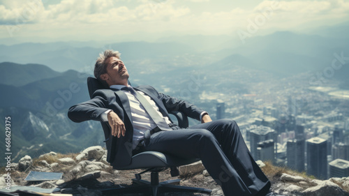businessman with suit relaxing on chair. work disconnect concept photo