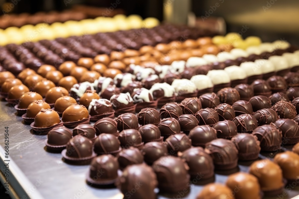 a line of chocolate candies waiting to be wrapped a line of chocolate candies waiting to be wrapped