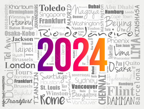 2024 travel cities word cloud collage, trip destinations concept background