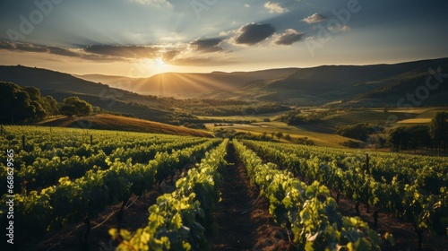 Agriculture field of vineyards in lines at sun. Generative AI.