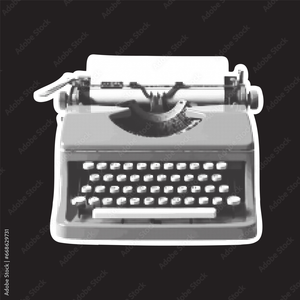 Halftone collage old typewriter on a black background. Vintage typewriter in trendy dotted pop art style.
