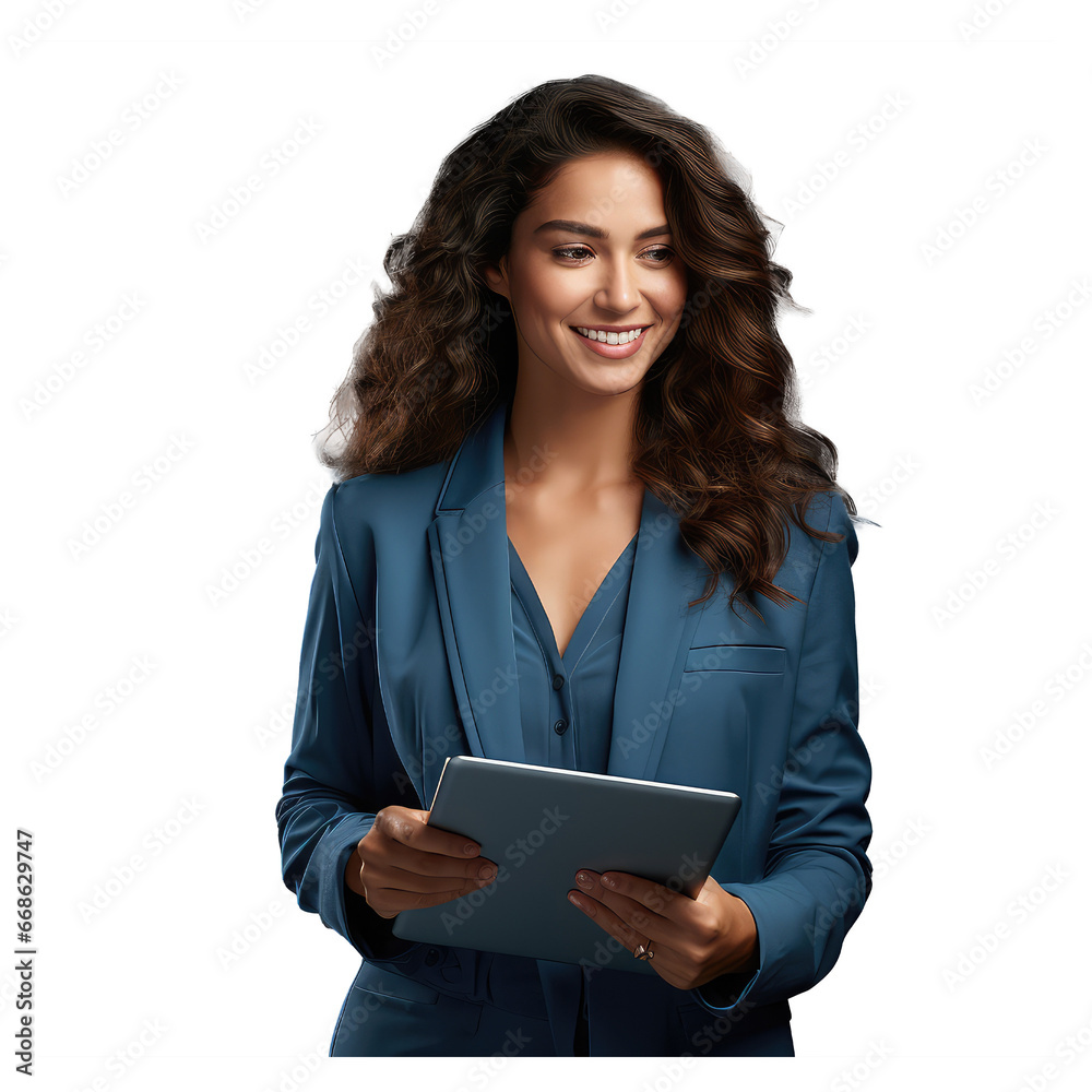 smiling woman standing holding and starring at her ipad , she is wearing a blue suit isolated on transparent background smiling woman standing holding and starring at her ipad , she is wearing a blue suit isolated on transparent background