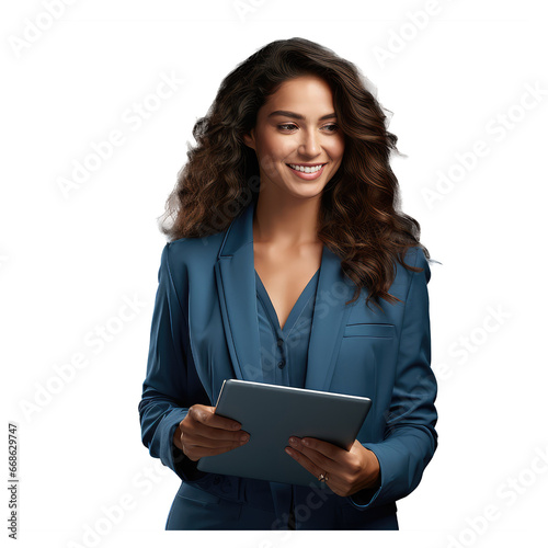 smiling woman standing holding and starring at her ipad , she is wearing a blue suit isolated on transparent background