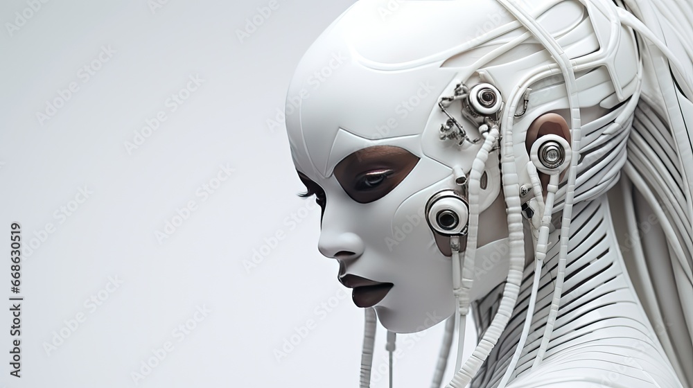 Surreal minimalism futuristic artifictial intelligence humanoid female robot portrait. 