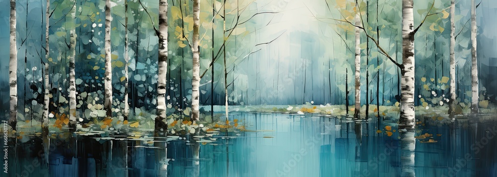 Acrylic painting with birch trees in blue water - obrazy, fototapety, plakaty 