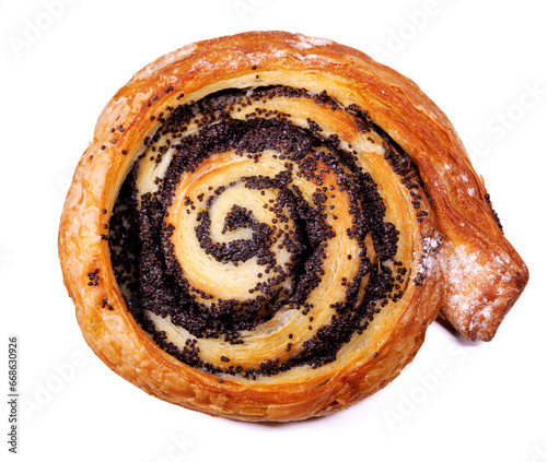 Bun with poppy seeds isolated on a white background.