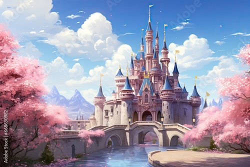 Fantasy castle with pink walls in the story tale land. 