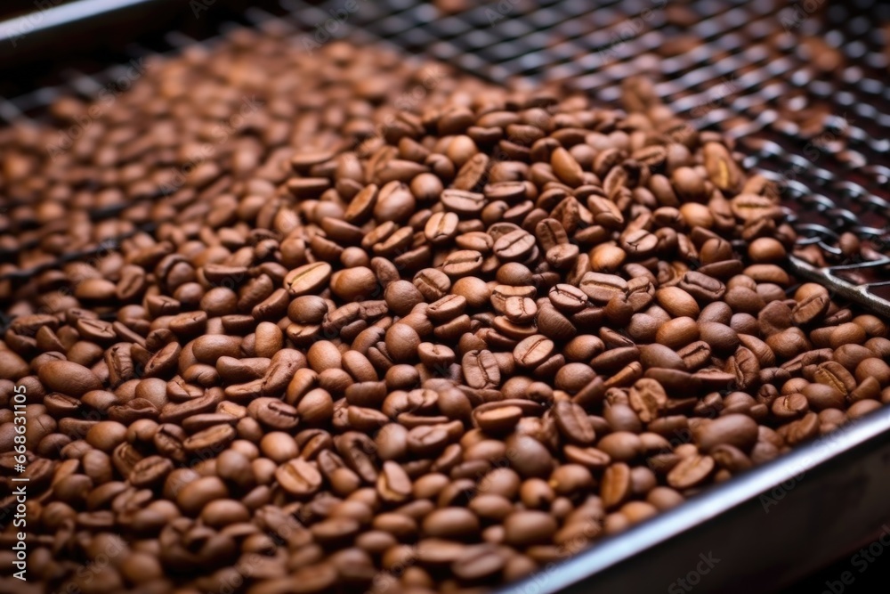 coffee beans still warm from the roaster on a cool metal grate