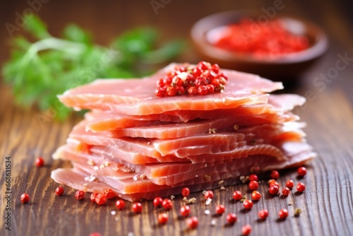 stack of smoked salmon slices with pink peppercorns
