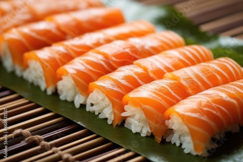 close up of smoked salmon sushi placed on a bamboo mat
