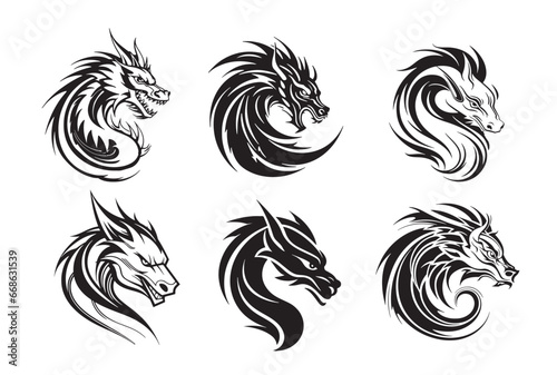 Dragon icons set silhouette hand drawn vector illustration .Simbol and sings