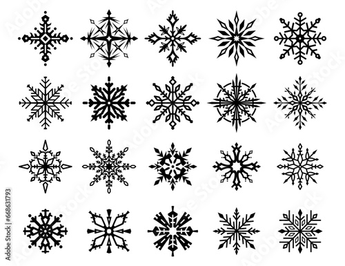 Black snowflakes isolated on white background.