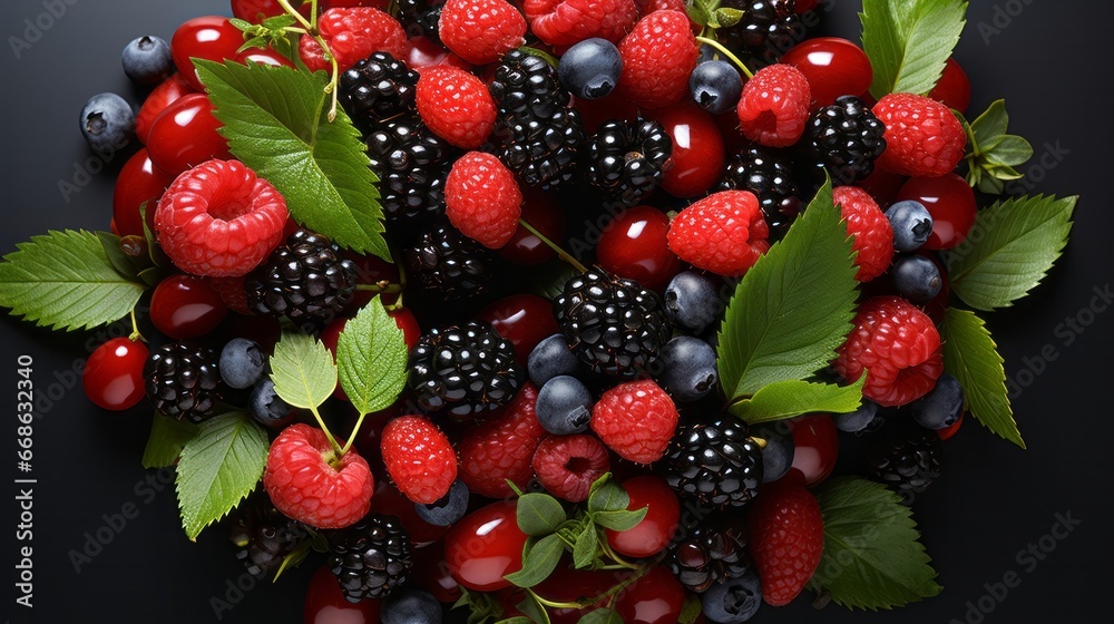Fototapeta premium Assorted summer berry in circle wreath symmetr. Generative AI.