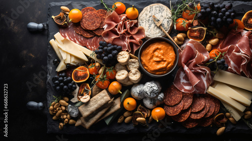 Halloween theme charcuterie platter. Top view table