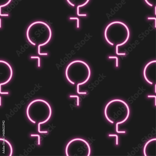 Pink neon female gender symbols on black background. Vector seamless pattern. Best for textile, wallpapers, wrapping paper, package and festive decoration.