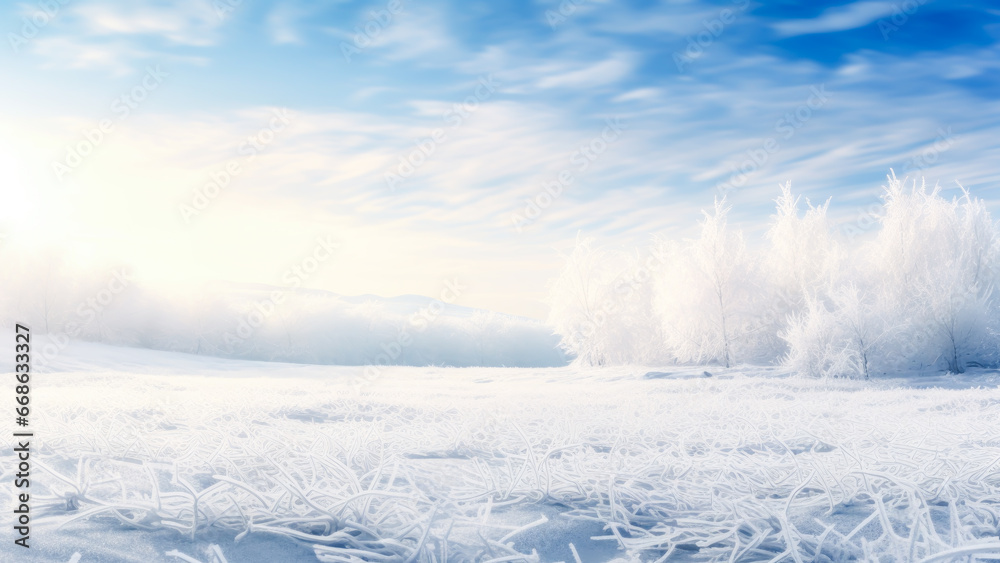 Serene winter rural landscape bathed in soft light, with frost-covered trees gleaming against pastel sky. Winter background. Copy space Serene winter rural landscape bathed in soft light, with frost-covered trees gleaming against pastel sky. Winter background. Copy space
