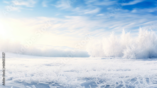 Serene winter rural landscape bathed in soft light, with frost-covered trees gleaming against pastel sky. Winter background. Copy space