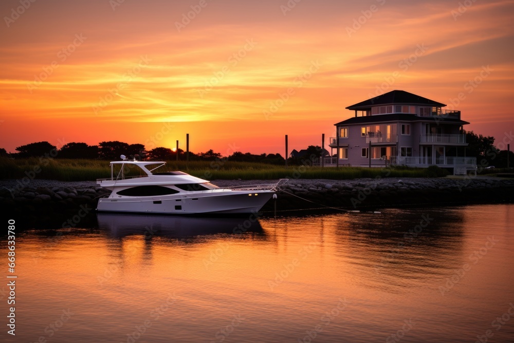 a yacht on the water near a wedding venue at sunset