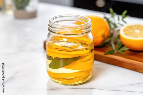 citrus peels infused cleaning vinegar in clear jar