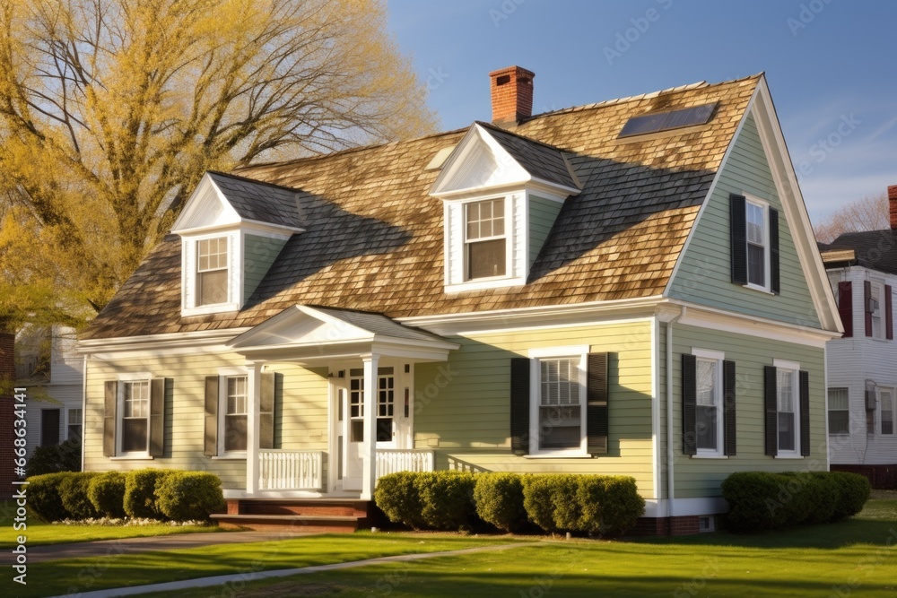 dutch colonial house bathed in morning light, focus on dormer windows