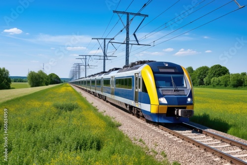 an electric train running on a track through countryside