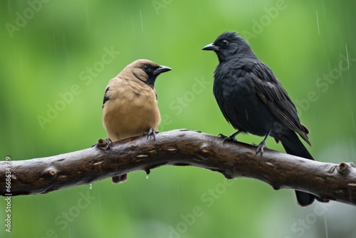 dove and crow on a branch, both under an umbrella