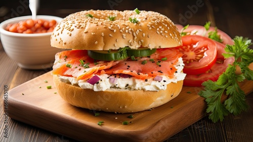 Fancy bagel with cream cheese, lox and tomatoe
