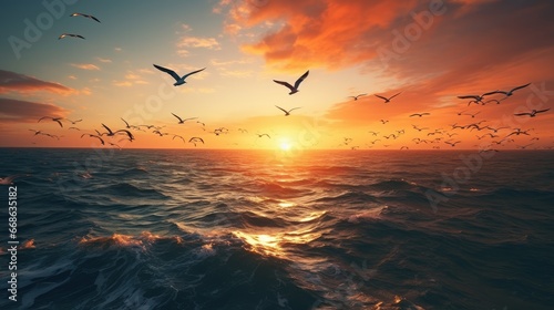 Flock of birds in bird formation flying above sea.Sunset. Digital composite 