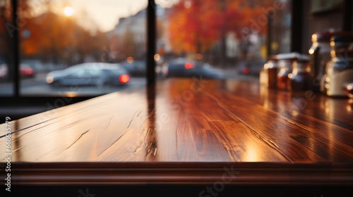 Beautiful empty brown wooden table top. Generative AI. © ProVector