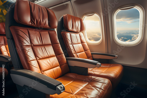 Interiors of new a brand modern airliner with empty seats. © Nadezda Ledyaeva