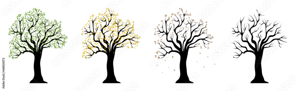 Trees. Tree of 4 seasons. Trees vector logos. Tree silhouette - obrazy, fototapety, plakaty 